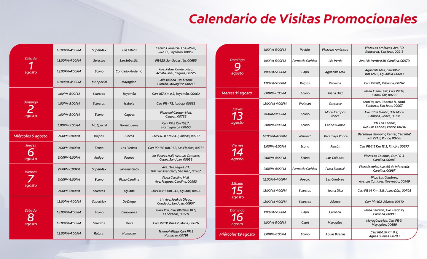 Calendario de visitas promocionales del 1 al 19 de agosto