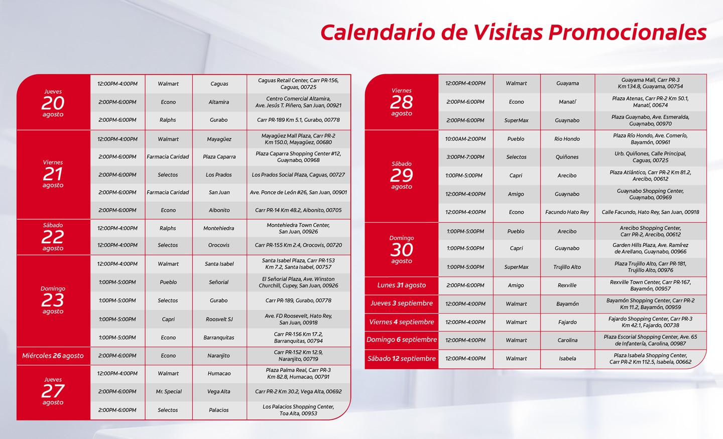 Calendario de visitas promocionales del 20 de Agosto a 12 de Septiembre
