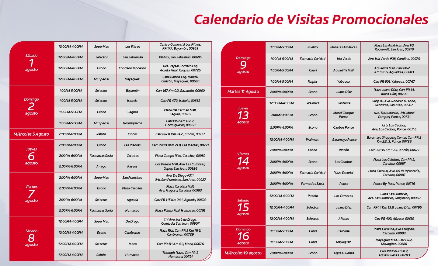 Calendario de visitas promocionales del 1 al 19 de agosto