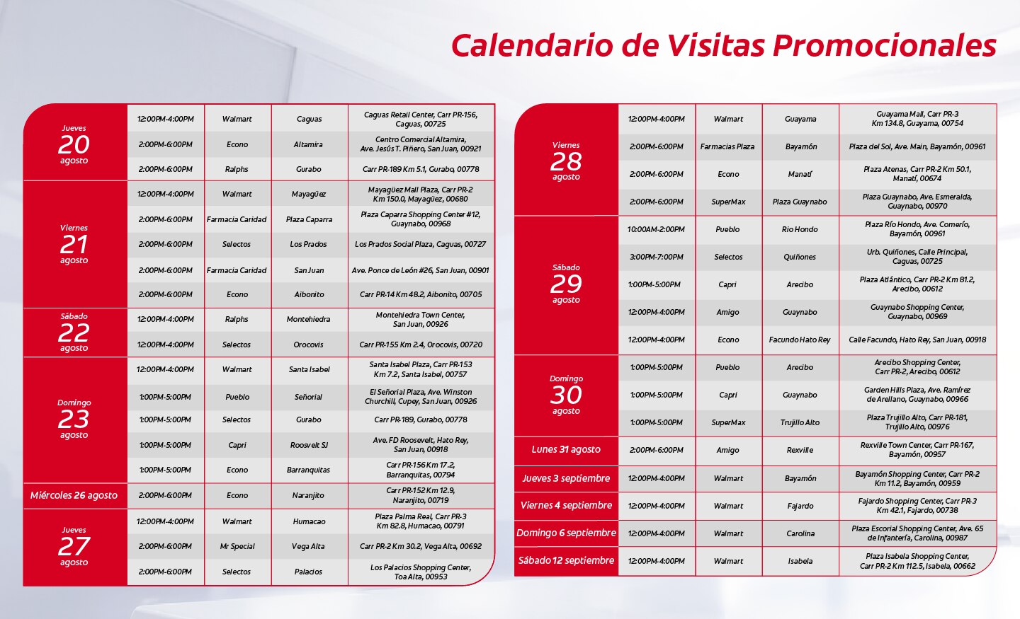 Calendario de visitas promocionales del 20 de Agosto a 12 de Septiembre