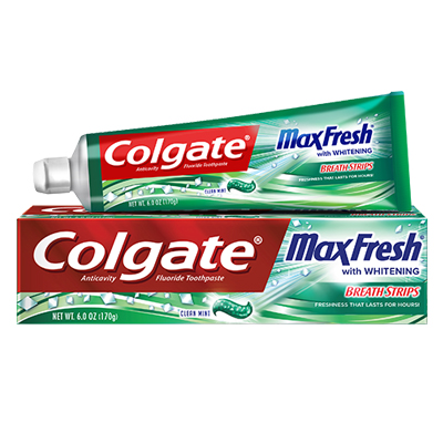 Colgate Max Fresh con cientos de mini tiritas para el aliento que liberan un poderoso torrente de frescura